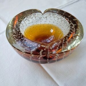 VTG Art Glass Amber Ashtray / Bowl Controlled Bubble 4" Galliano Ferro Murano